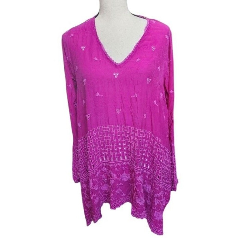 Johnny Was Pink Eyelet Blouse Size XS Long Sleeve Flowy Boho